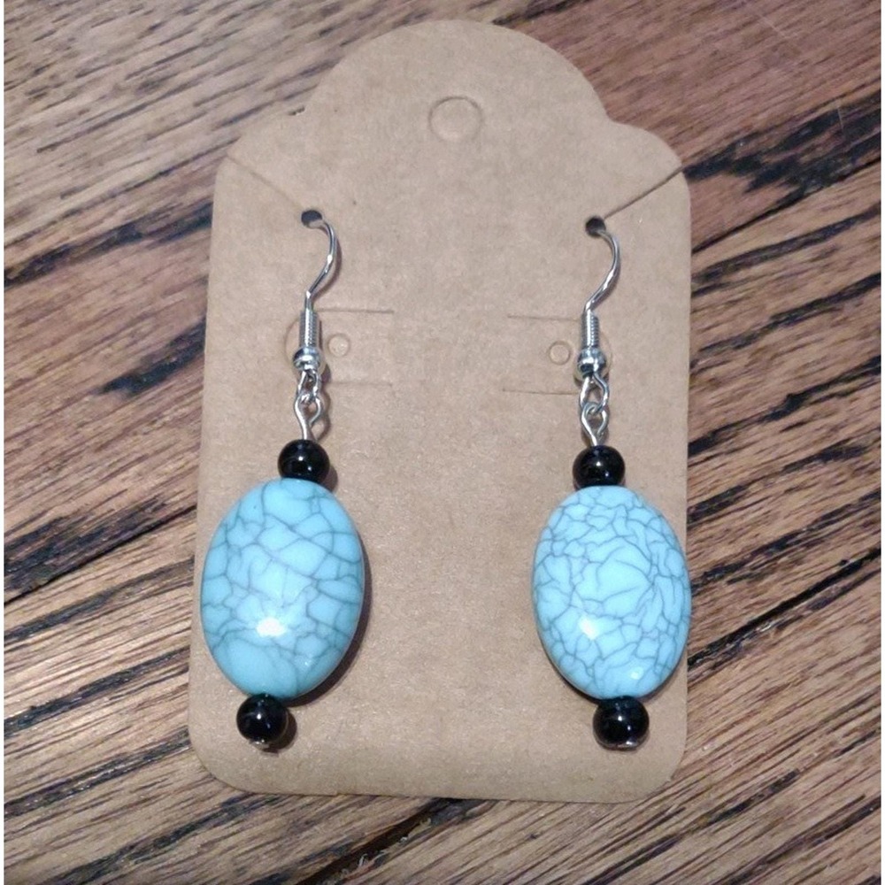 Bold Southwestern Blue Marbled Earrings - Black Bead Accents - Boho Dangle